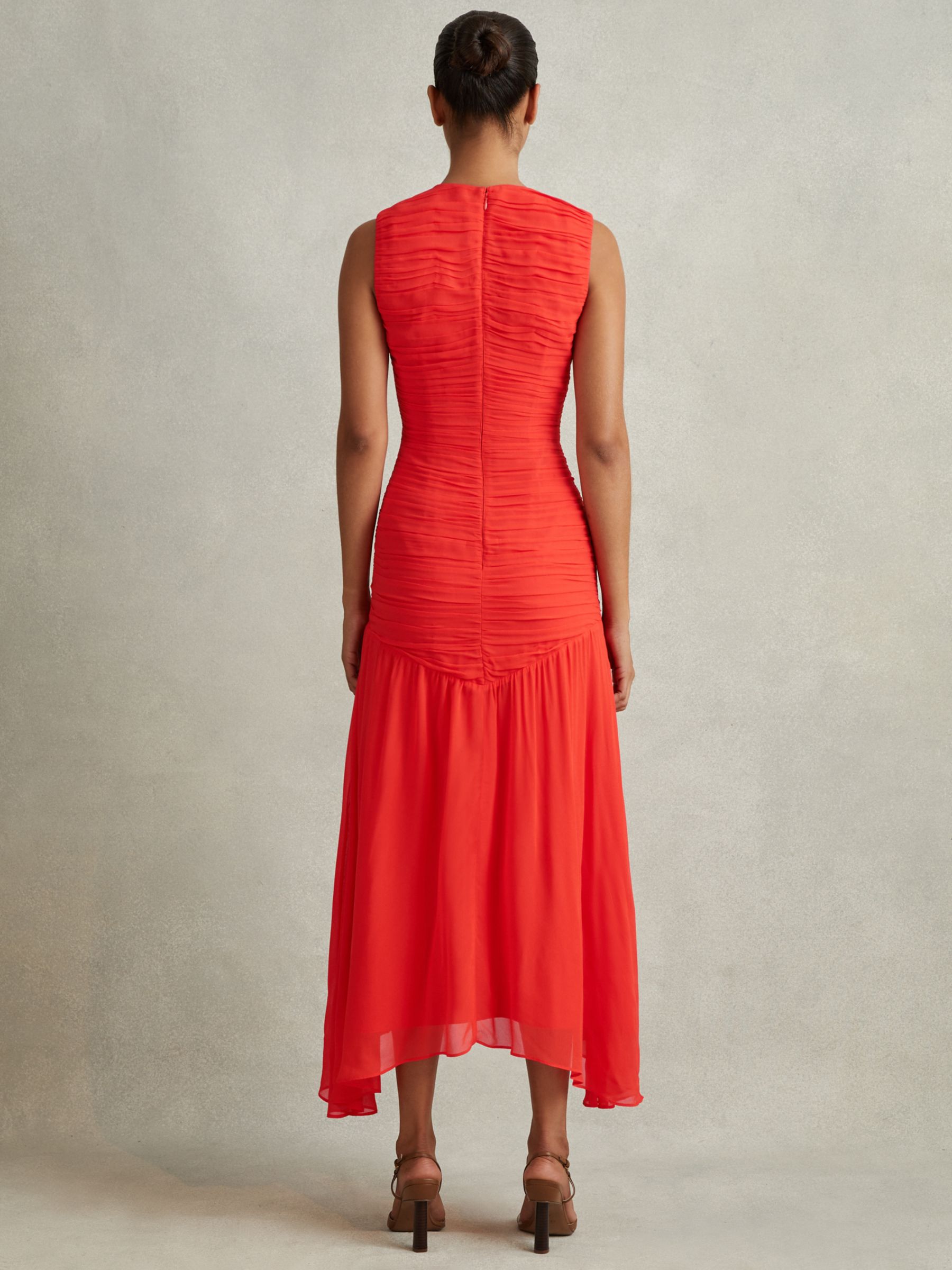 Reiss Petite Saffy Ruched Asymmetric Hem Midi Dress, Orange, 6