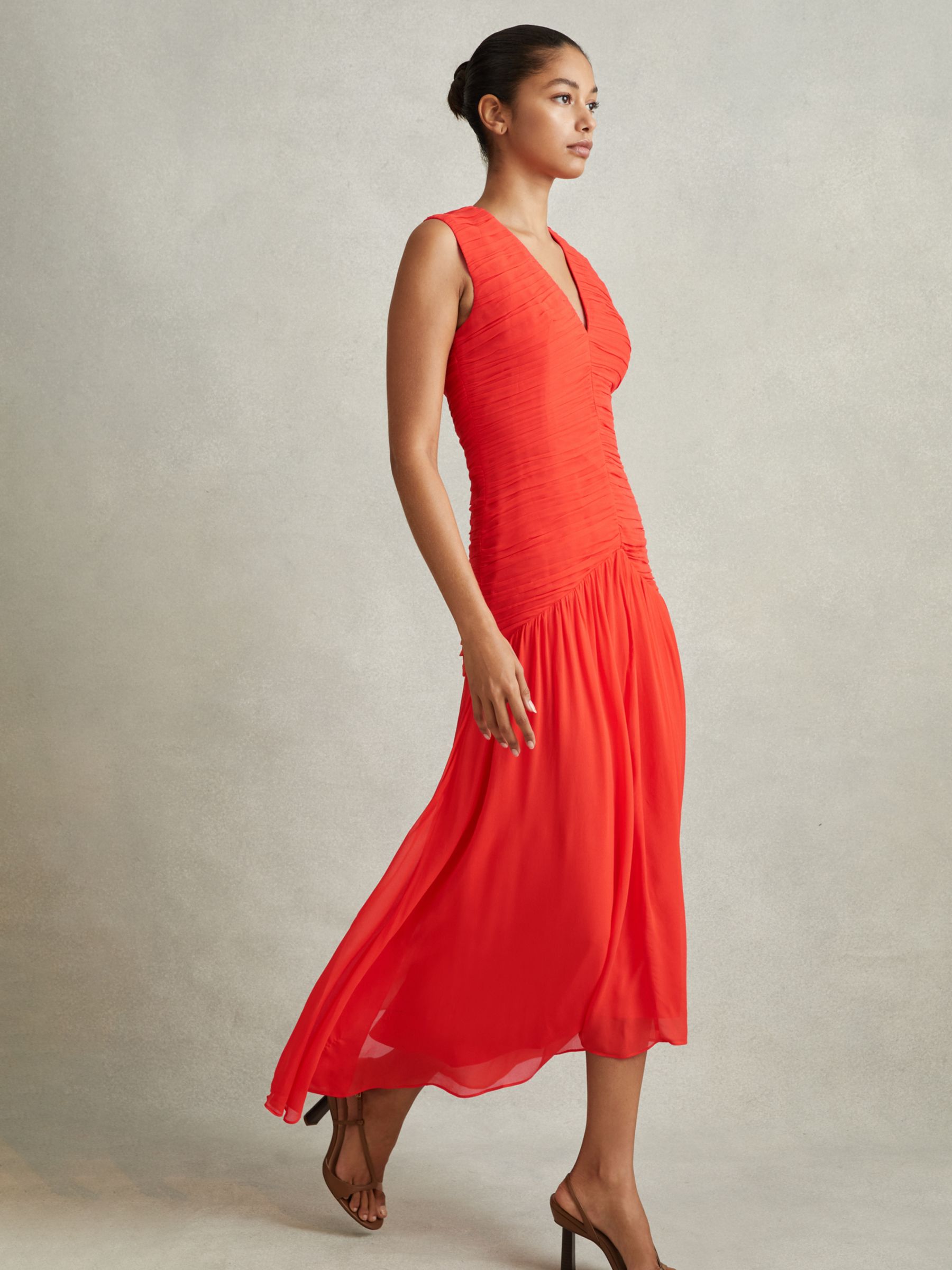 Reiss Petite Saffy Ruched Asymmetric Hem Midi Dress, Orange, 6