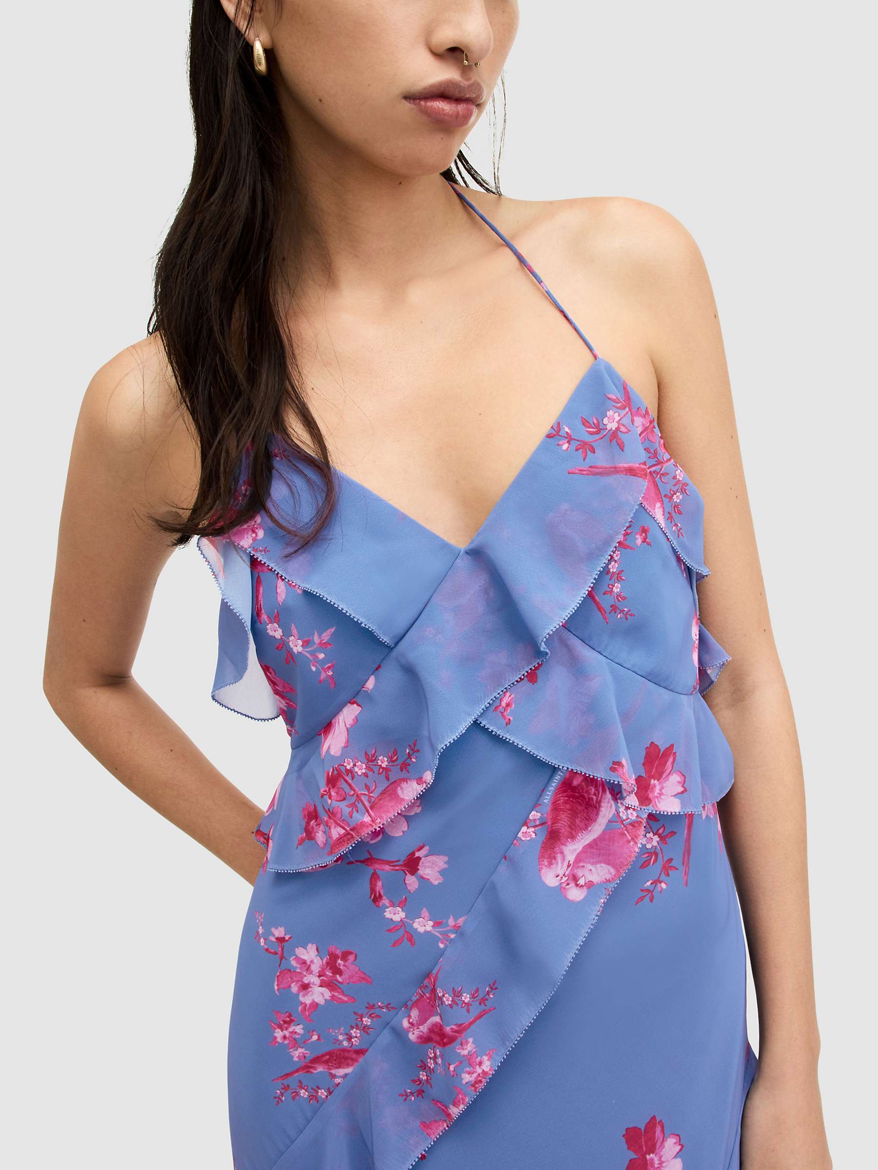 Buy AllSaints Marina Iona Floral Print Ruffle Maxi Dress, Neon Pink/Blue Online at johnlewis.com