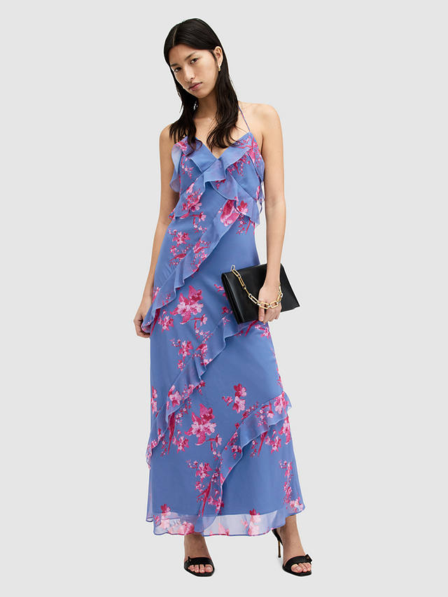 AllSaints Marina Iona Floral Print Ruffle Maxi Dress, Neon Pink/Blue