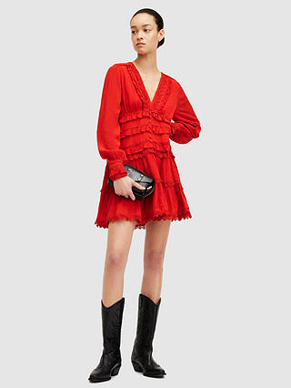 AllSaints Zora Lace Trim Tiered Mini Dress, Red