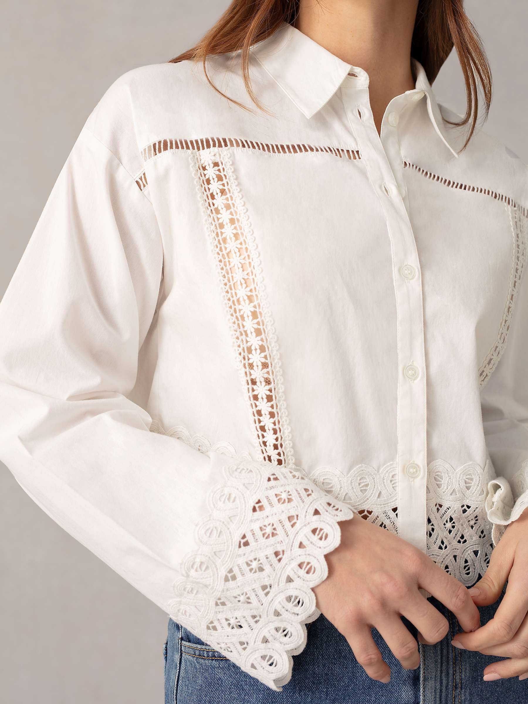 Buy Ro&Zo Cropped Crochet Detail Shirt, White Online at johnlewis.com