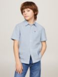 Tommy Hilfiger Kids' Flag Seersucker Stripe Short Sleeve Shirt, Blue Spell, Blue Spell