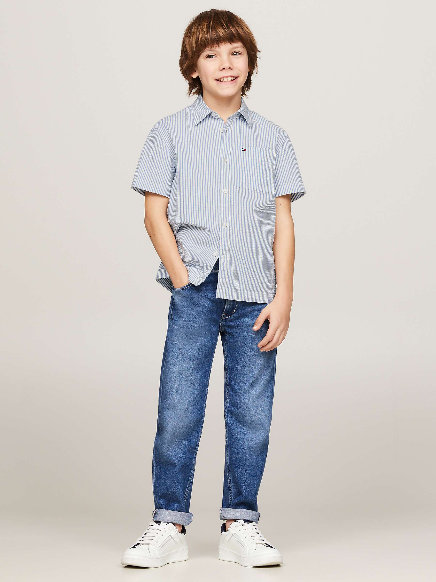 Buy Tommy Hilfiger Kids' Flag Seersucker Stripe Short Sleeve Shirt, Blue Spell Online at johnlewis.com