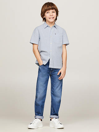 Tommy Hilfiger Kids' Flag Seersucker Stripe Short Sleeve Shirt, Blue Spell