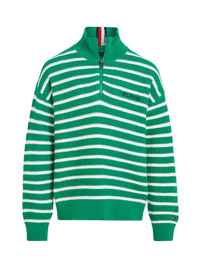 Tommy Hilfiger Kids' Half Zip Stripe Jumper, Green/Ecru Stripe