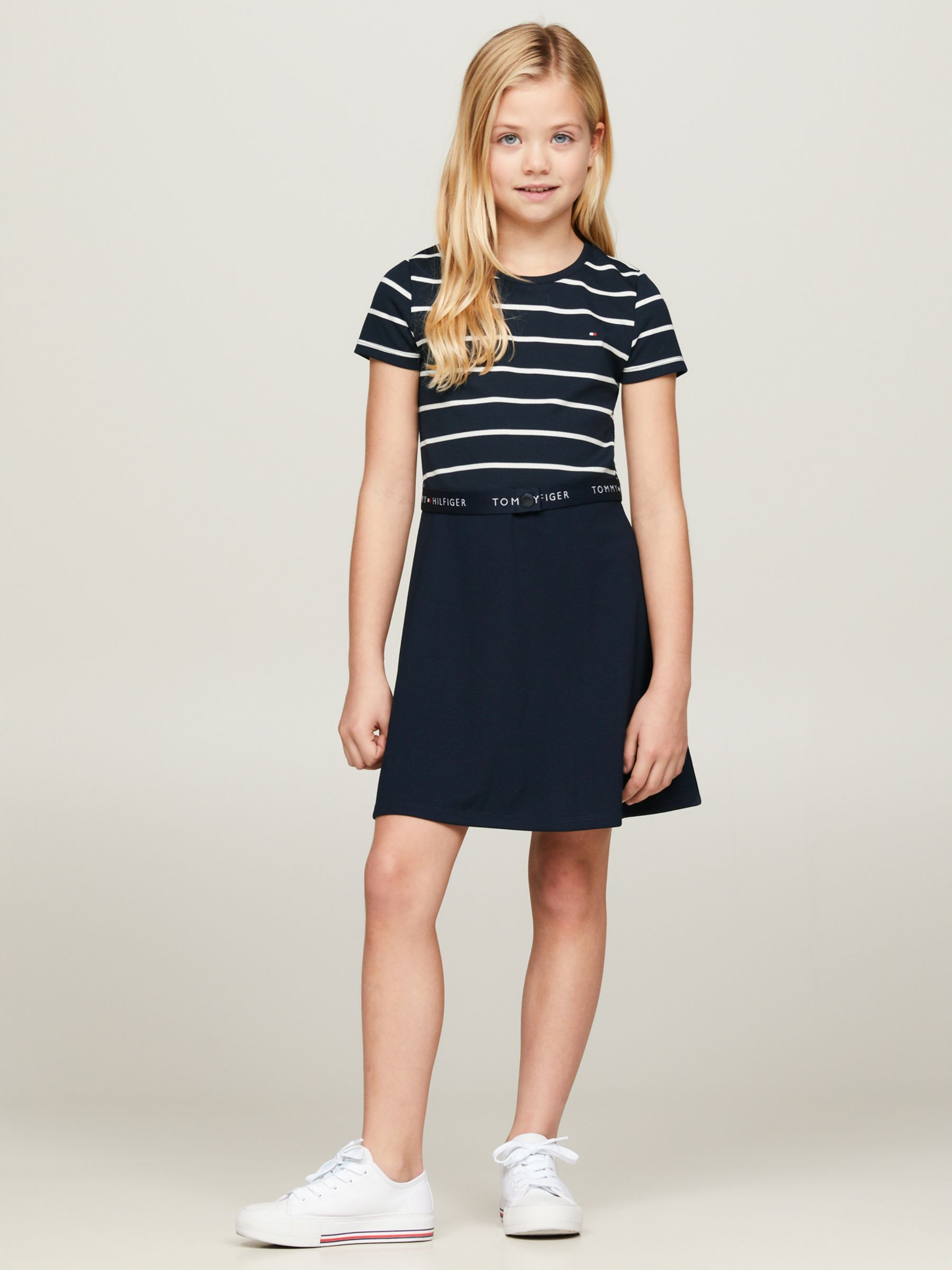 Buy Tommy Hilfiger Kids' Essential Flag Stripe Belted Skater Dress, Desert Sky Online at johnlewis.com
