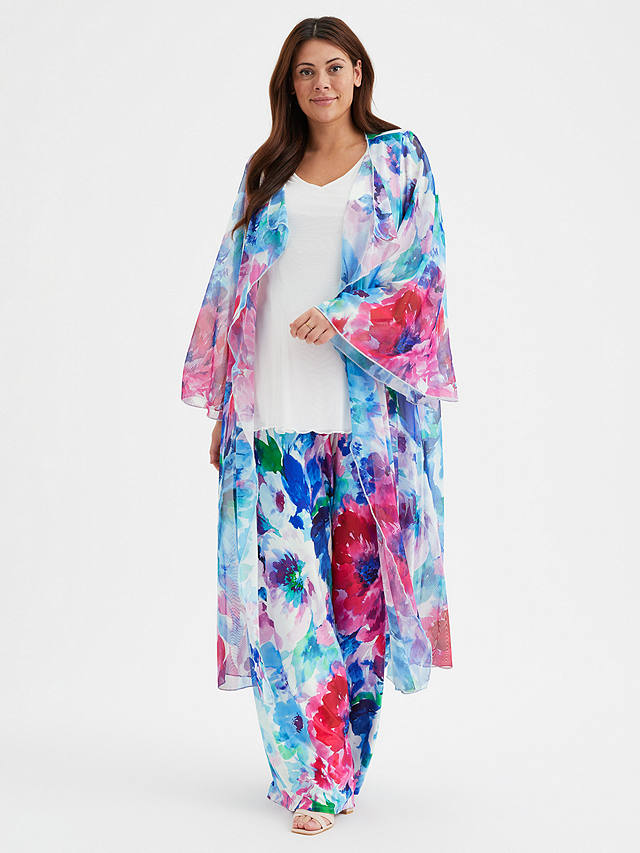 Scarlett & Jo Large Floral Print Waterfall Neck Kimono, Ivory/Pink/Blue