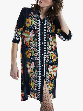 James Lakeland Abstract Floral Print Ribbed Shirt Dress, Black/Multi