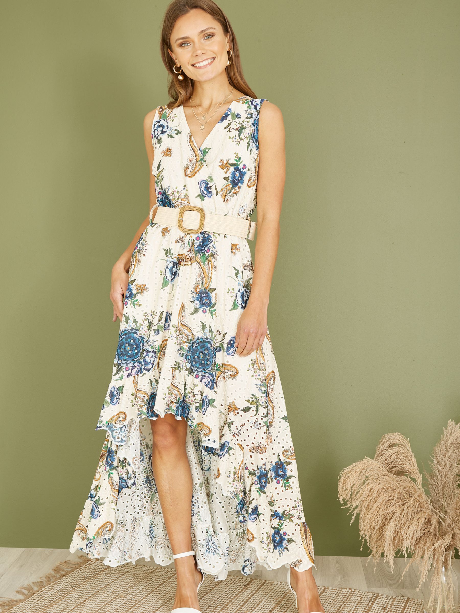 Yumi Floral Print Broderie Hi Lo Maxi Dress, White/Multi, S