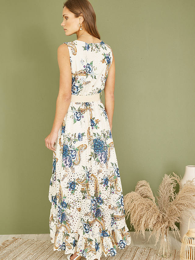 Yumi Floral Print Broderie Hi Lo Maxi Dress, White/Multi