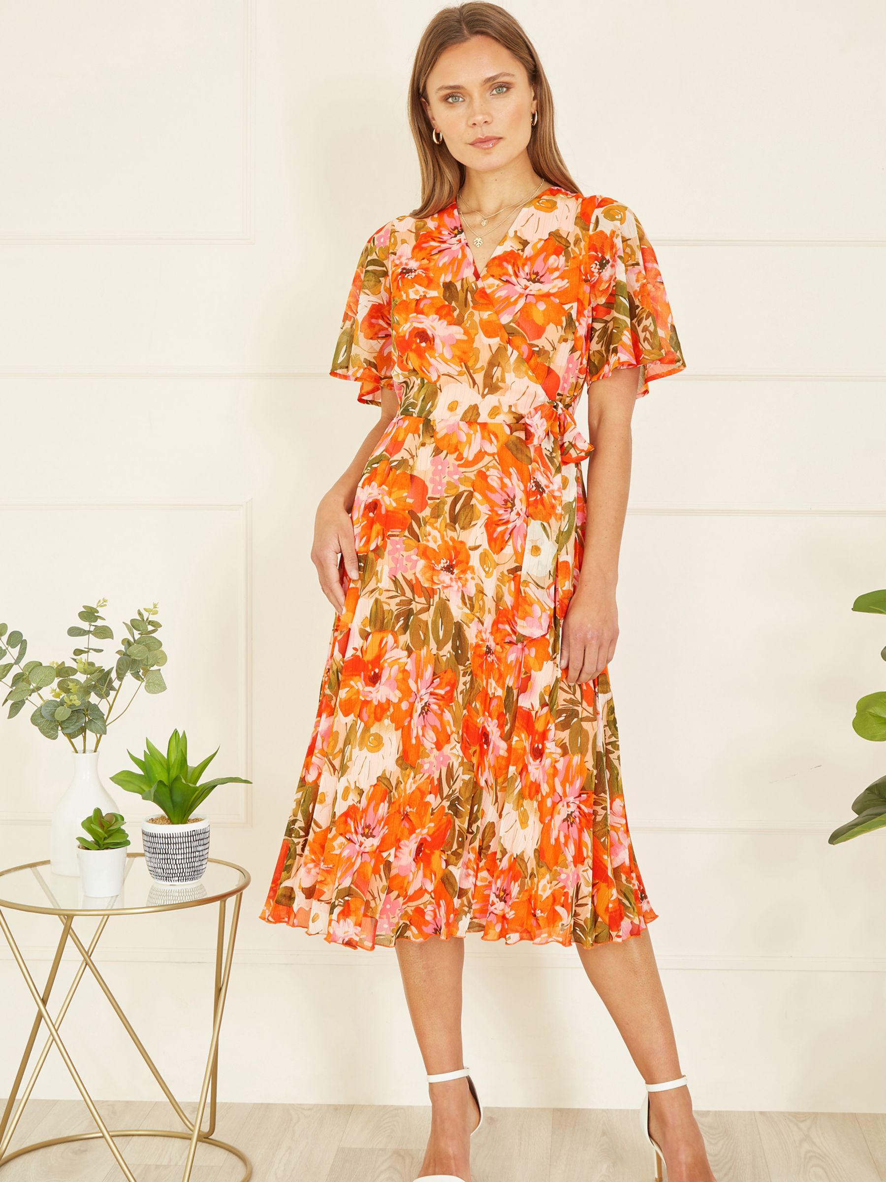 Yumi Floral Midi Wrap Pleat Dress, Orange/Multi, 12