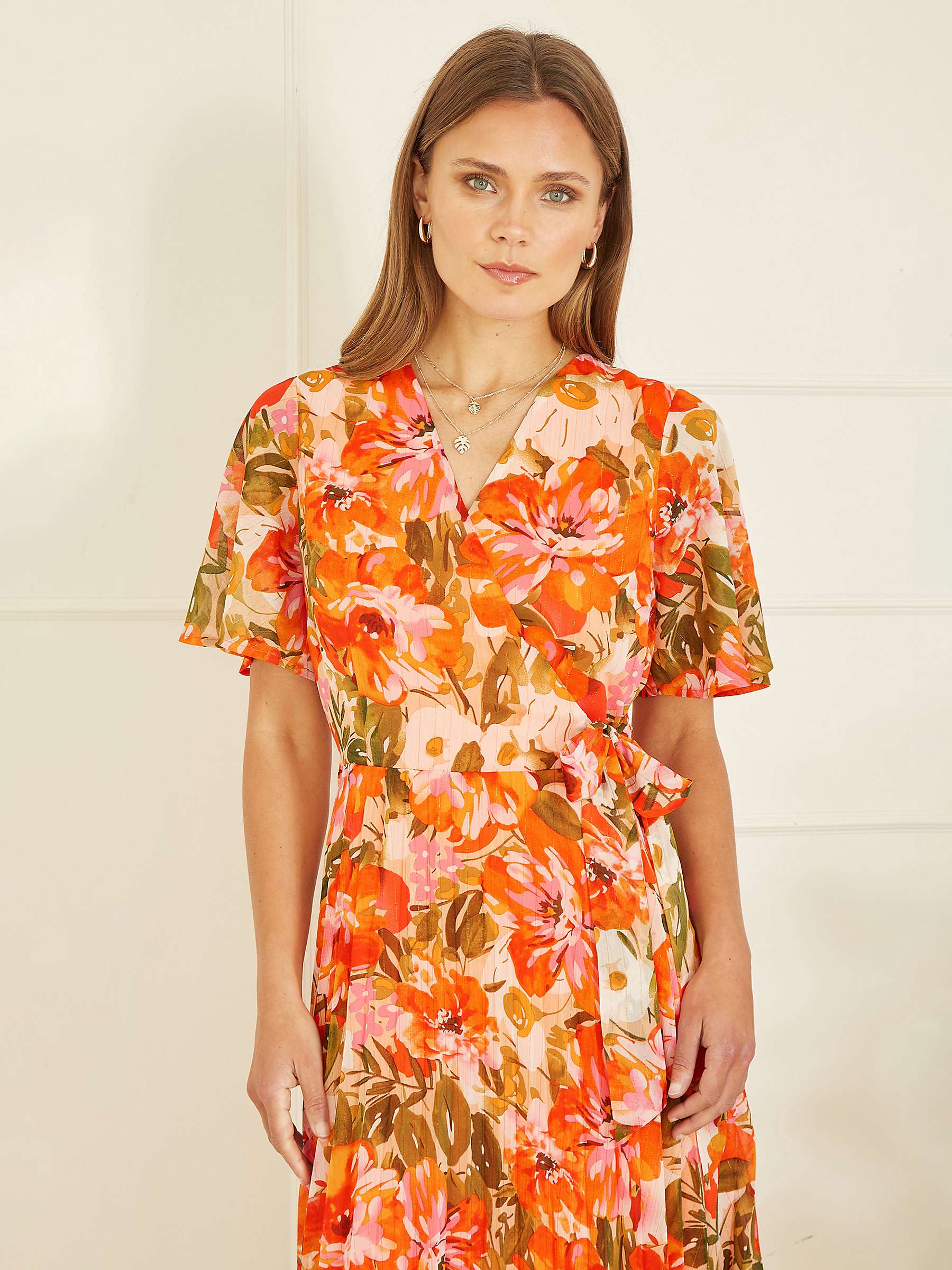 Buy Yumi Floral Midi Wrap Pleat Dress, Orange/Multi Online at johnlewis.com