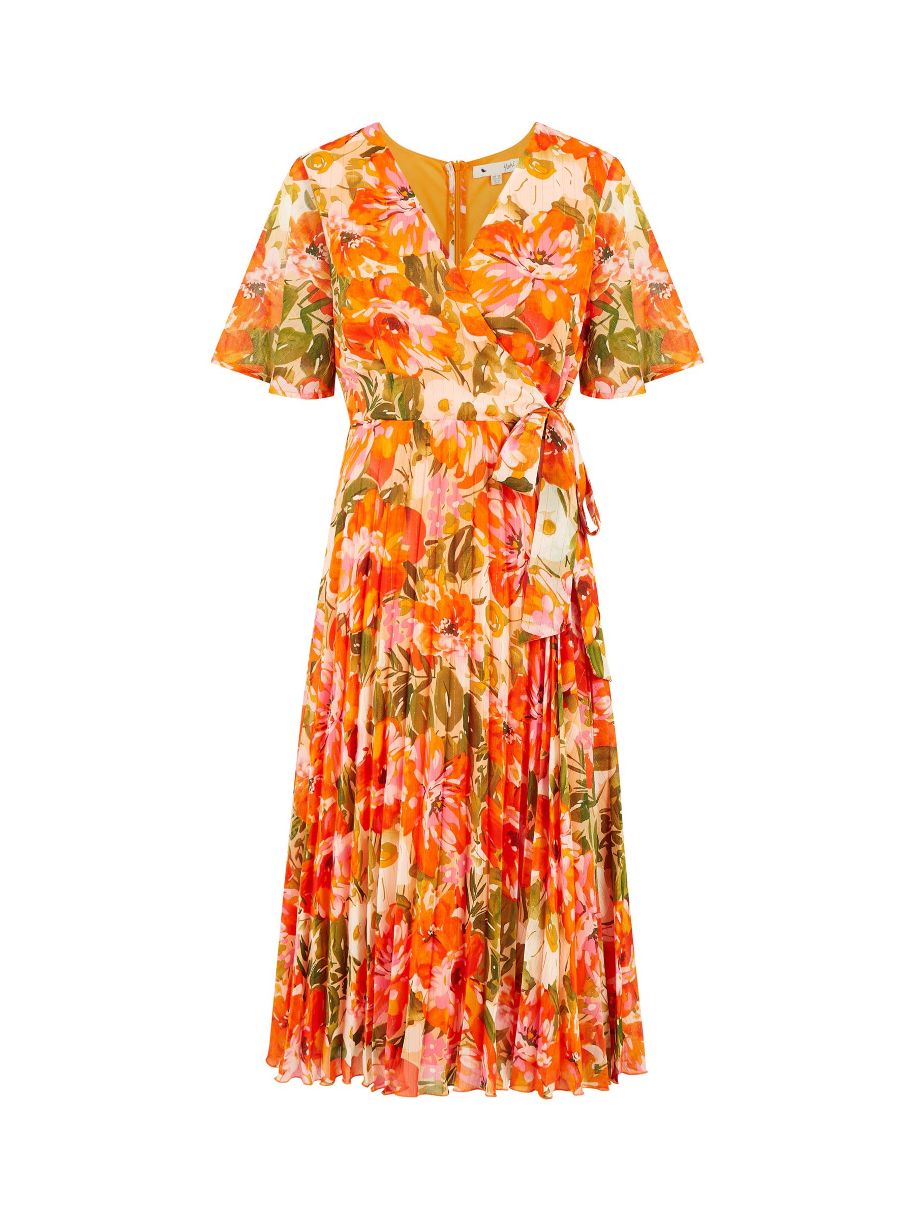 Yumi Floral Midi Wrap Pleat Dress, Orange/Multi, 12