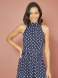Yumi Spot Print Halterneck Midi Dress, Navy