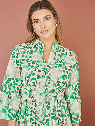 Yumi Animal Print Broderie Anglaise Midi Shirt Dress, Green
