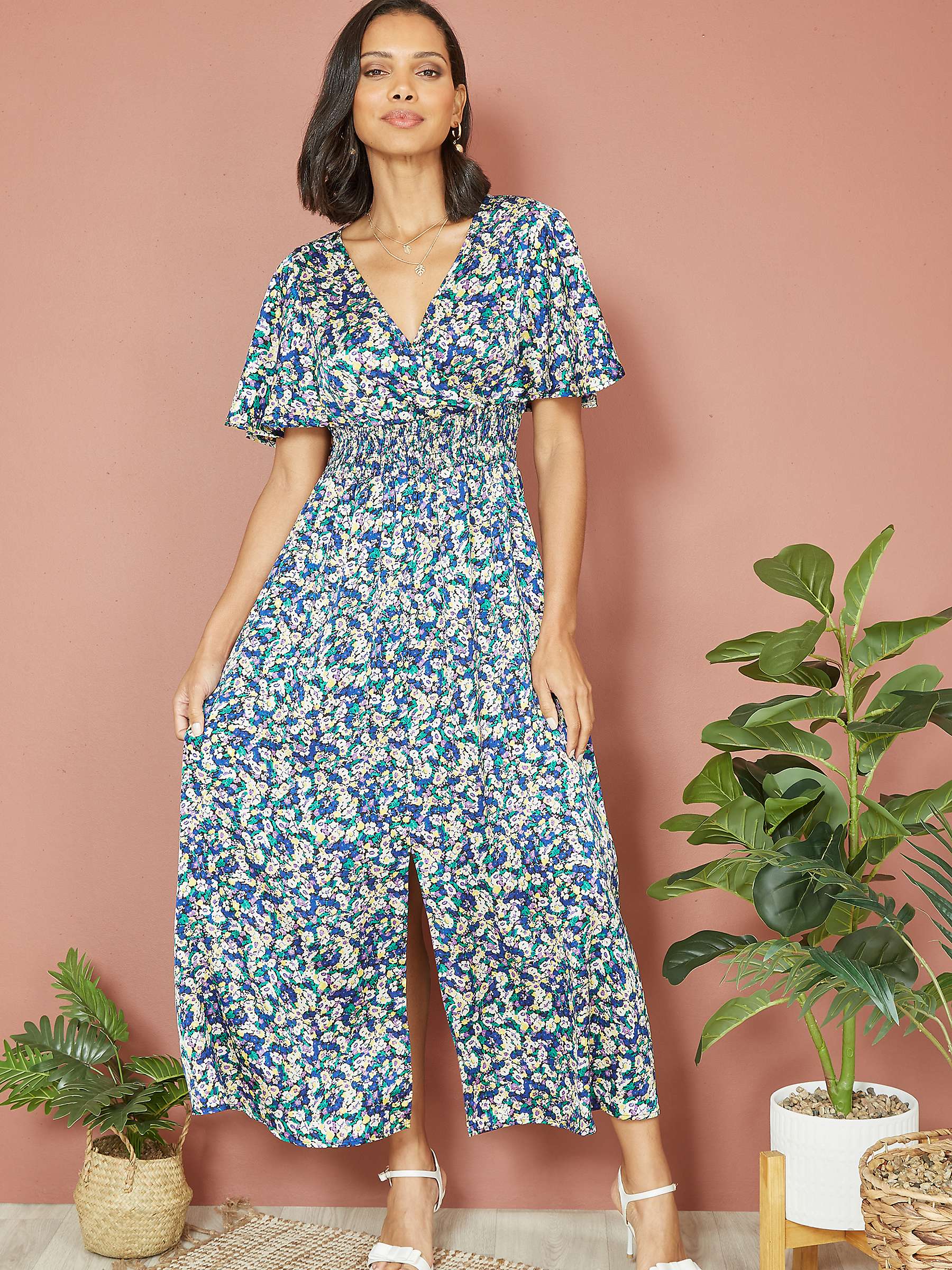 Buy Yumi Ditsy Print Midi Satin Dress, Blue/Multi Online at johnlewis.com