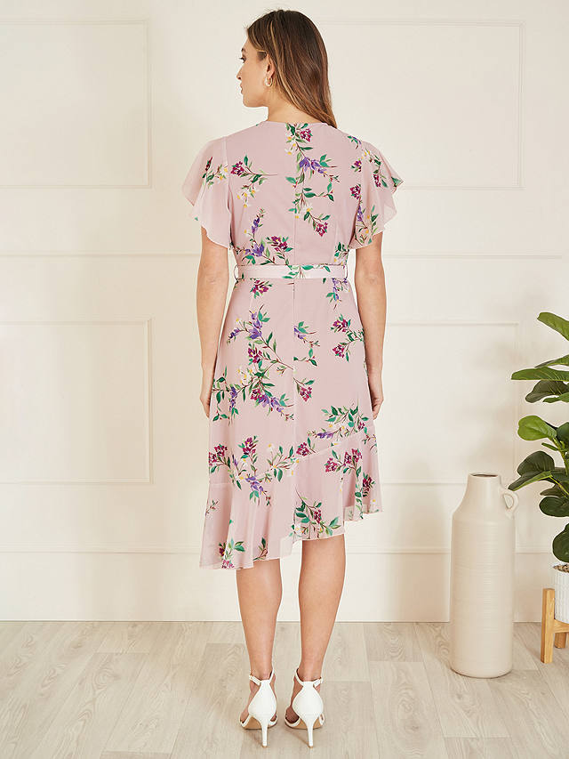 Yumi Floral Print Frill Detail Wrap Midi Dress, Blush/Multi