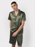 Chelsea Peers Satin Hidden Leopard Print Short Pyjama Set, Khaki