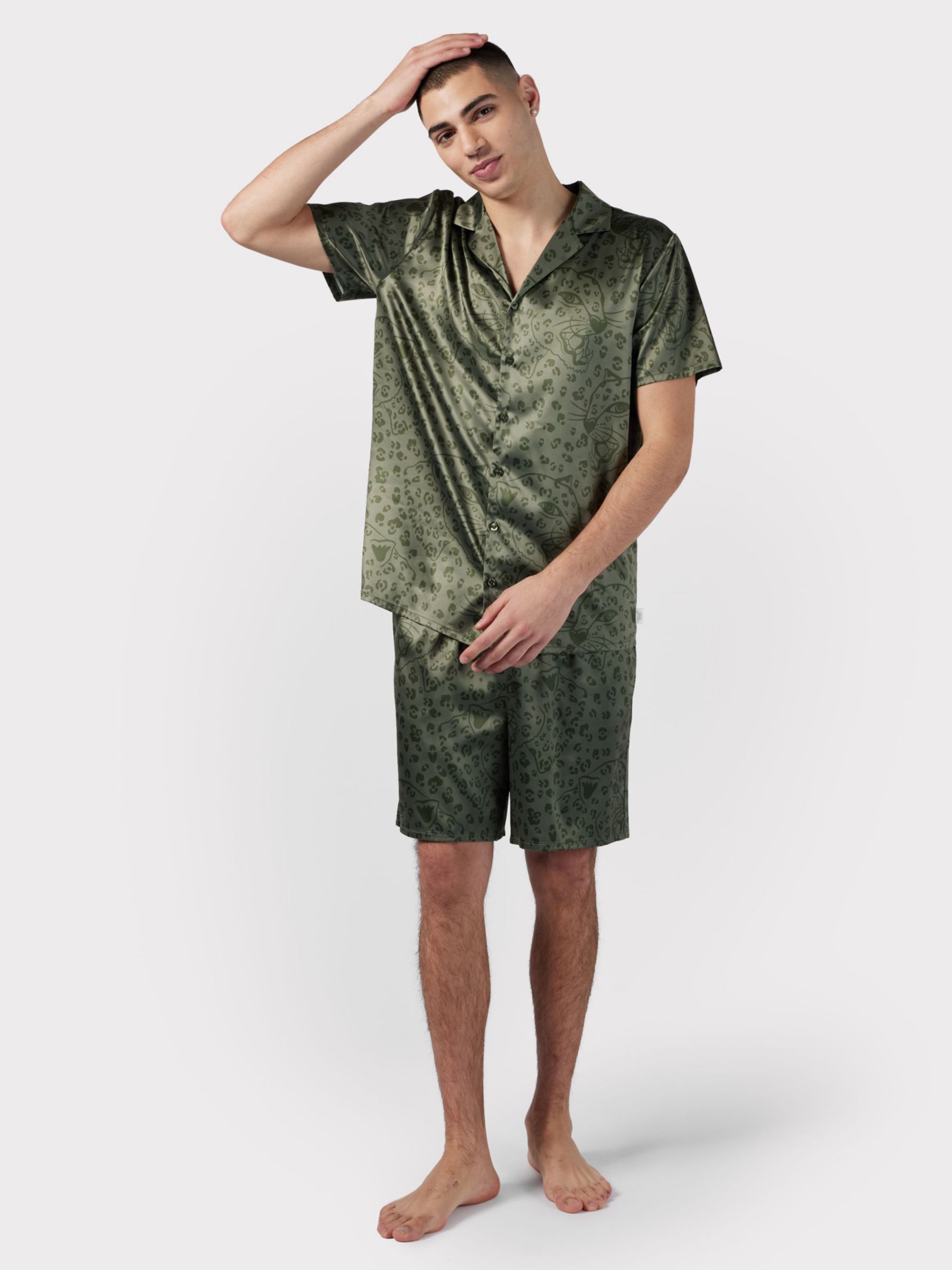 Chelsea Peers Satin Hidden Leopard Print Short Pyjama Set, Khaki, XL