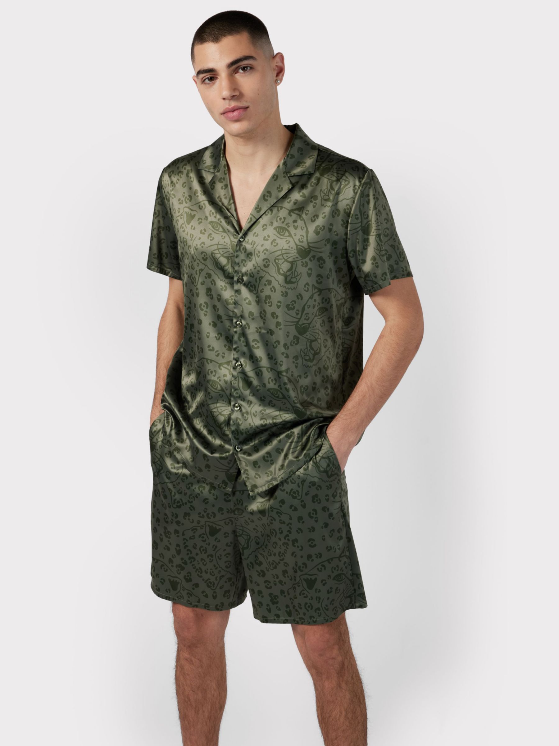 Chelsea Peers Satin Hidden Leopard Print Short Pyjama Set, Khaki, XL