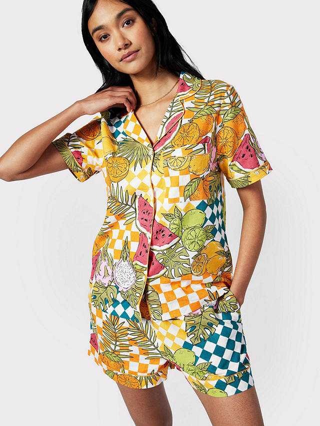 Chelsea Peers Linen Blend Fruit Checkerboard Short Pyjama Set, Multi