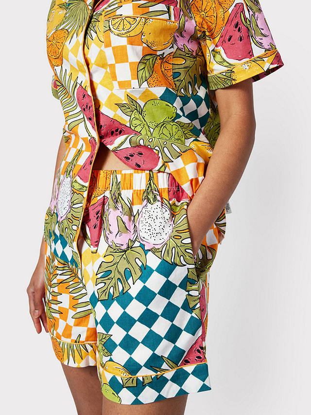 Chelsea Peers Linen Blend Fruit Checkerboard Short Pyjama Set, Multi