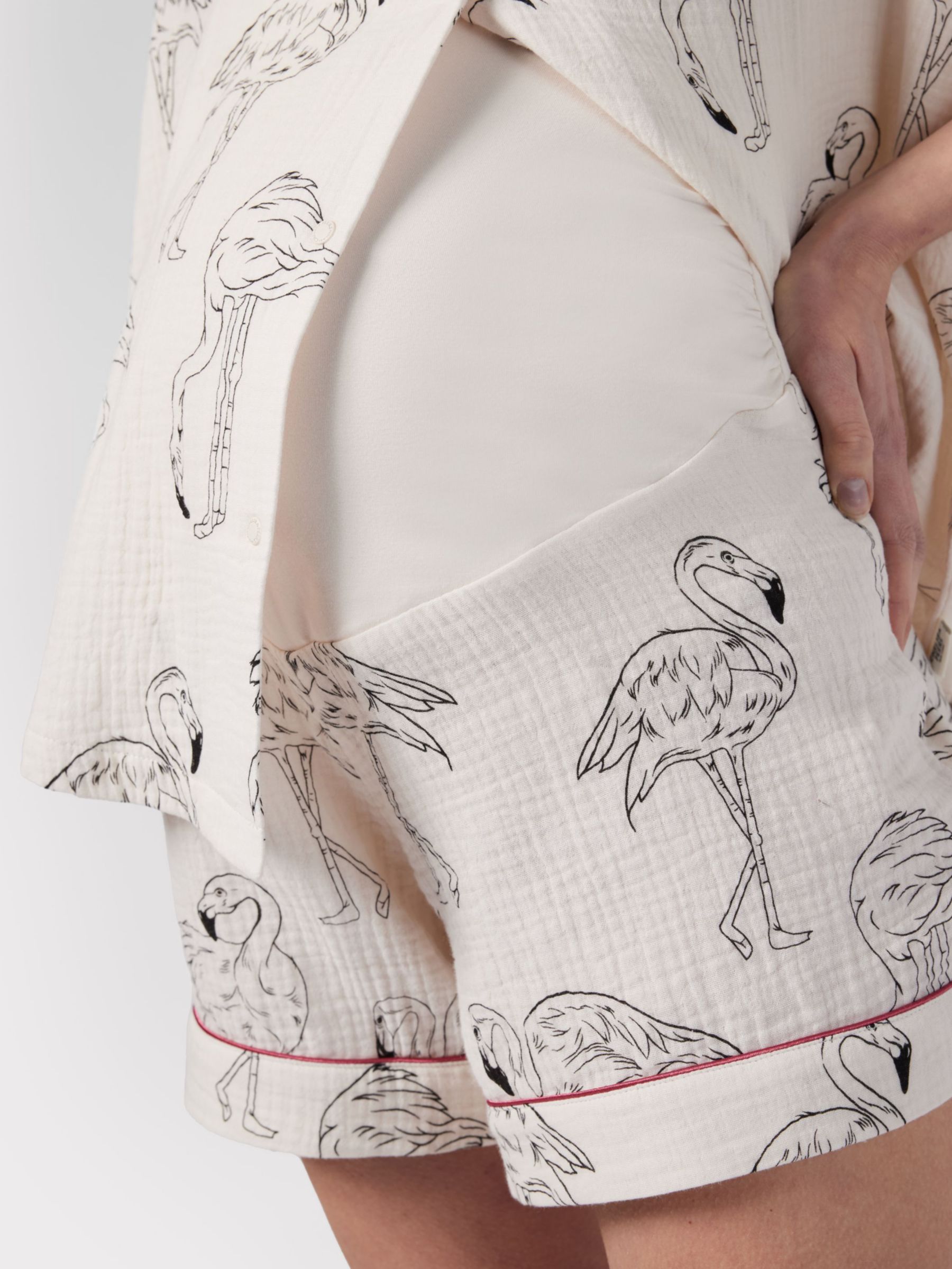 Chelsea Peers Maternity Flamingo Print Cheesecloth Short Pyjama Set, Off White/Black, 18