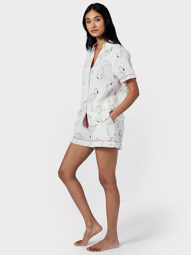 Chelsea Peers Flamingo Print Cotton Cheesecloth Short Pyjamas, Off White