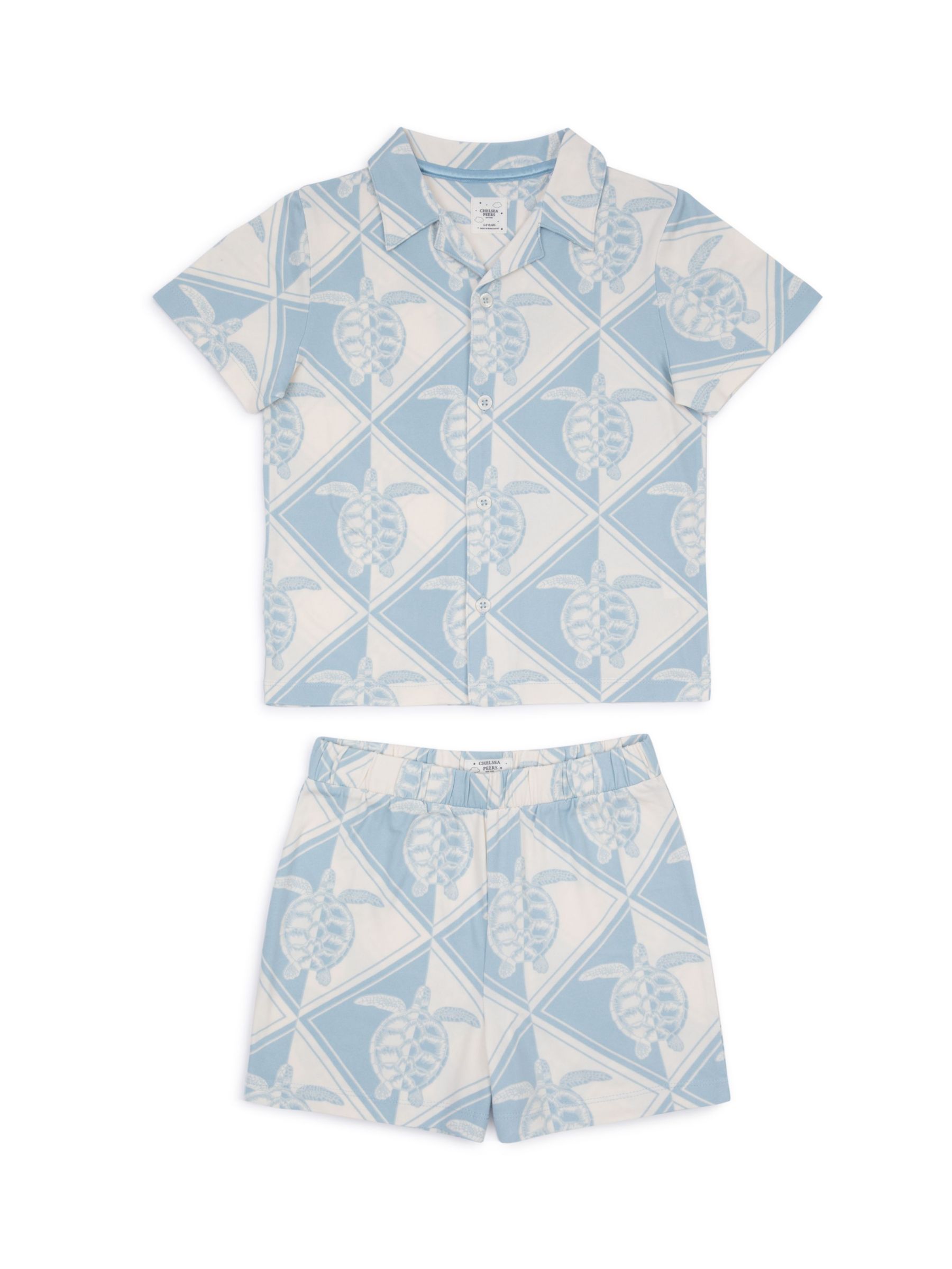 Chelsea Peers Kids' Tiled Turtle Short Pyjama Set, Off White/Blue, 1-2 years