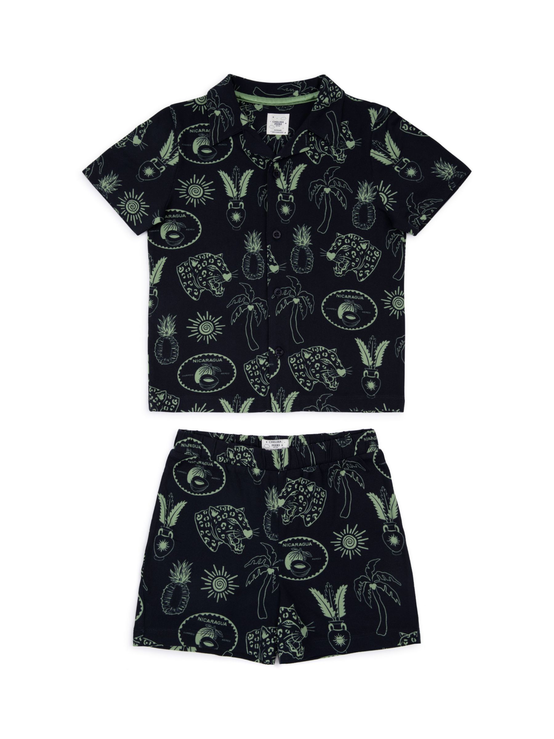 Chelsea Peers Kids' Tropical Holiday Print Shorts Pyjama Set, Navy, 9-10 years