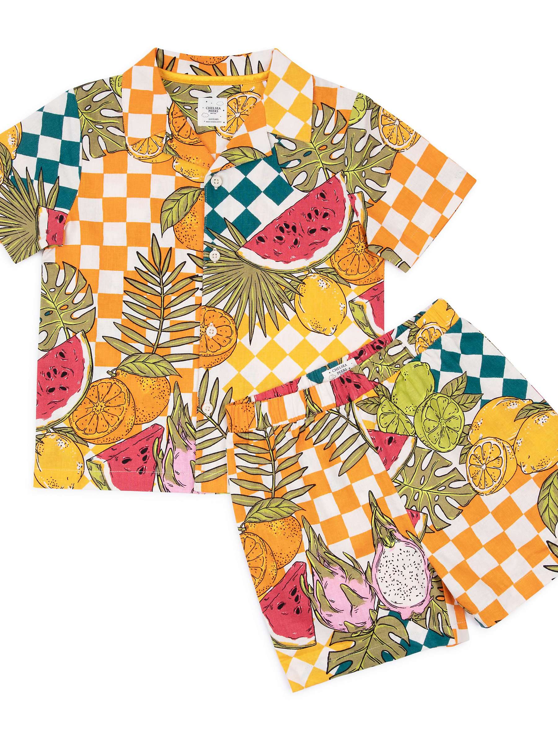 Buy Chelsea Peers Kids' Linen Blend Fruit Checkerboard Short Pyjama Set, Multi Online at johnlewis.com