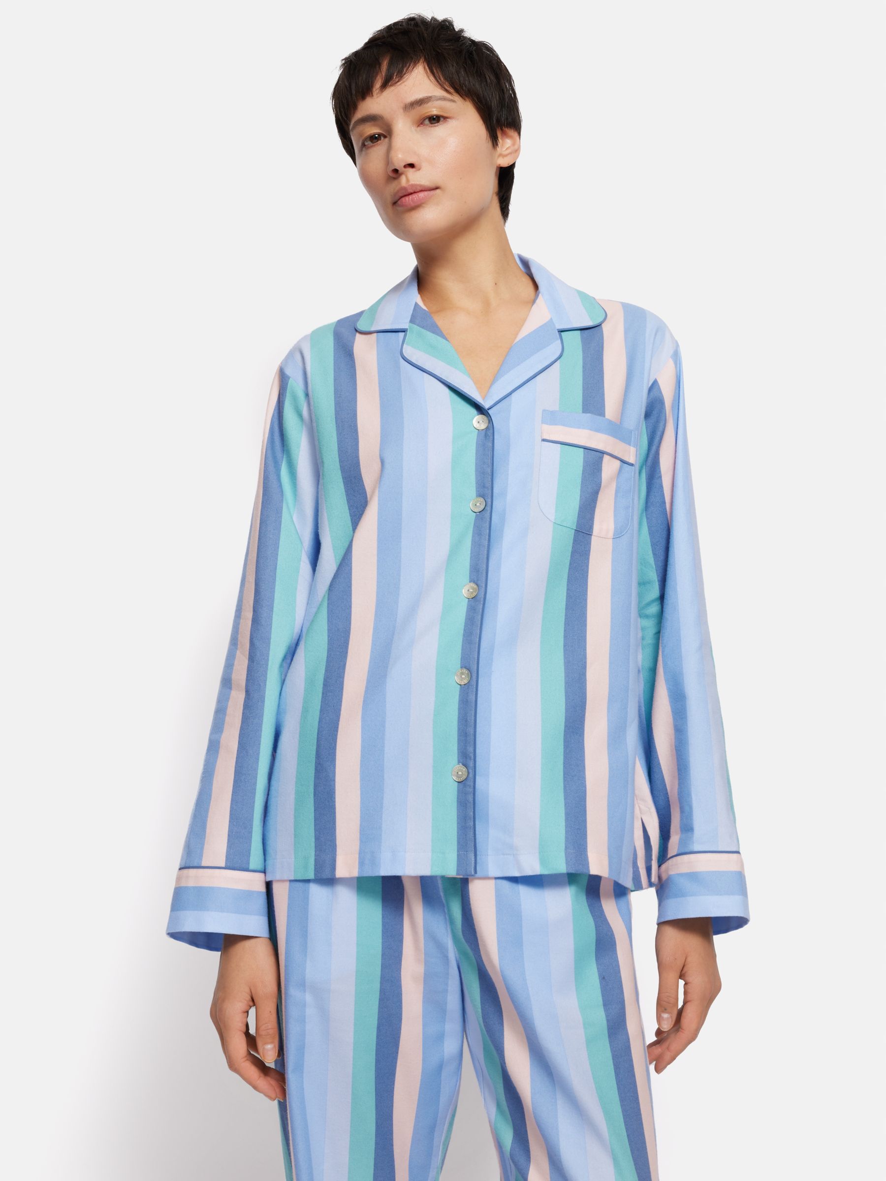 Jigsaw Stripe Brushed Cotton Twill Pyjamas, Blue/Multi, XS