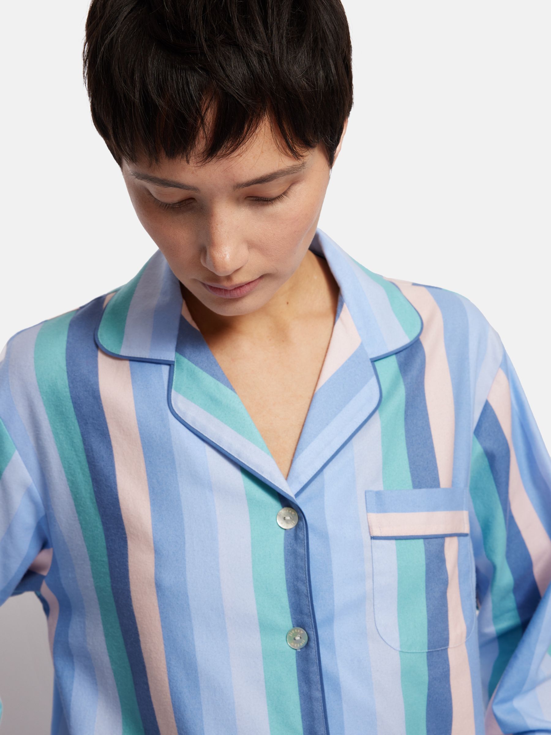 Jigsaw Stripe Brushed Cotton Twill Pyjamas, Blue/Multi, S