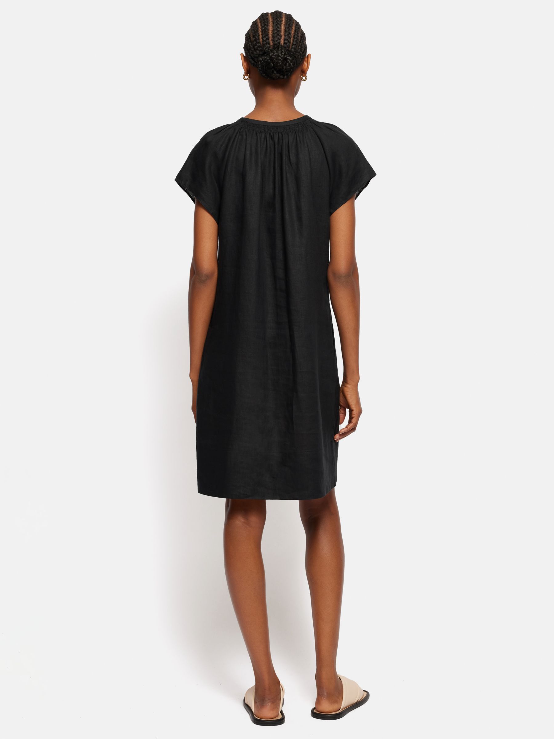 Jigsaw Smocked Linen Dress, Black, 8