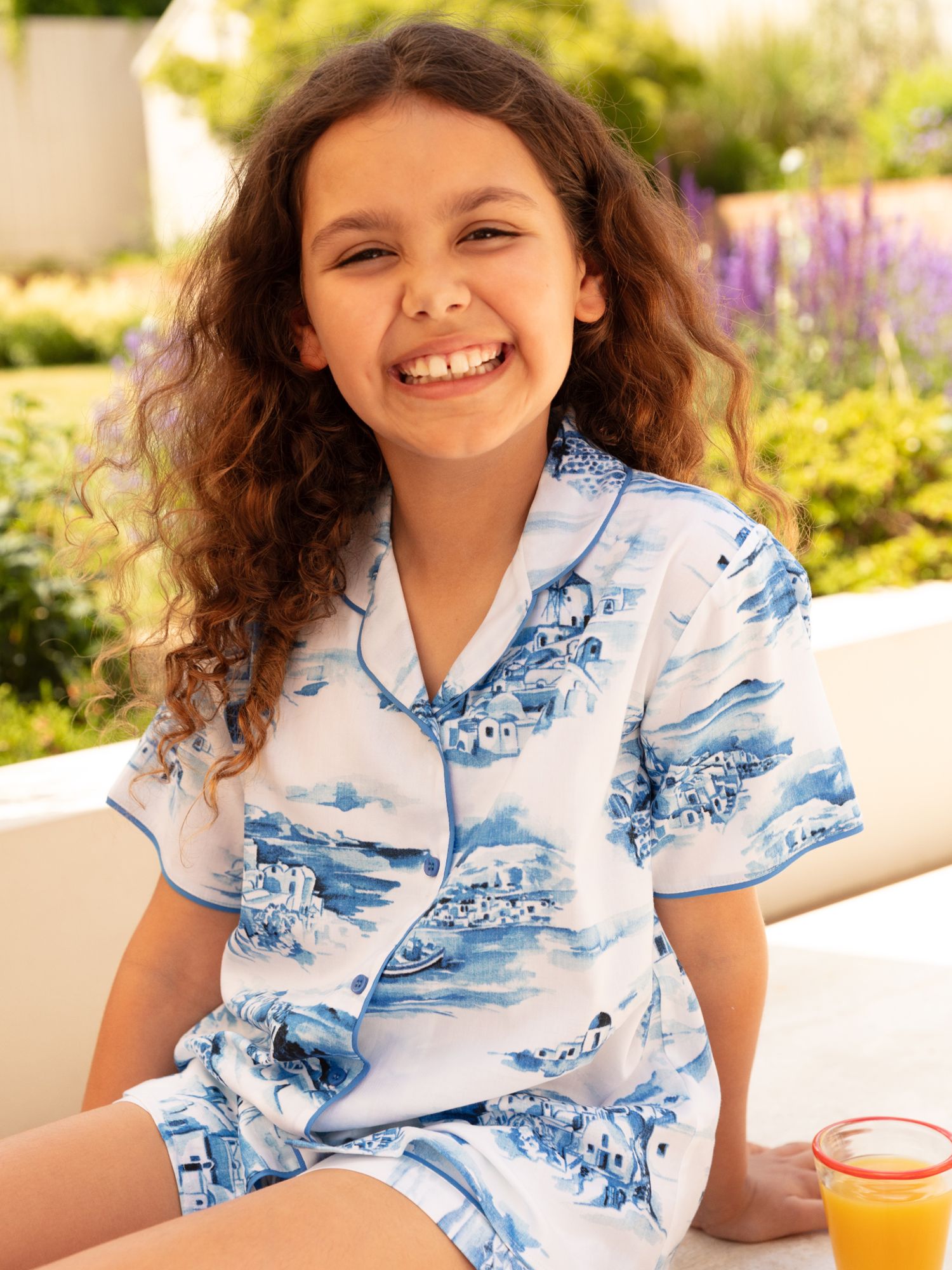 Minijammies Kids' Donna Blue Santorini Print Shorty Pyjamas Set, White, 8-9 years