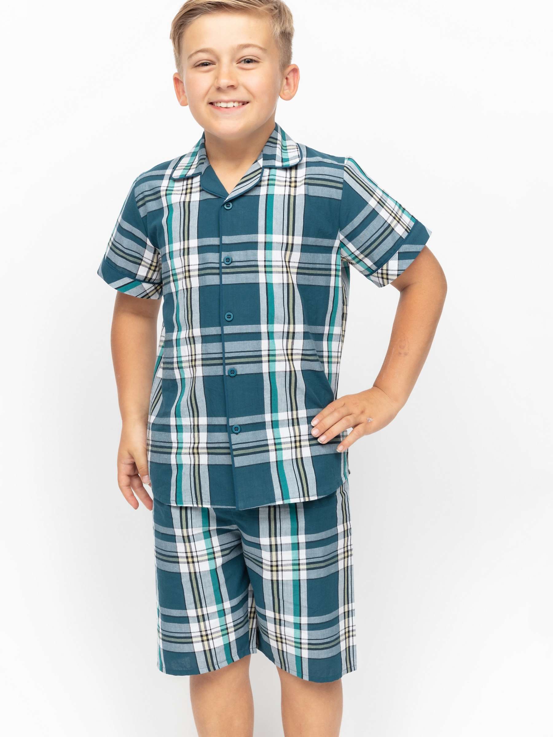 Buy Minijammies Kids' Cove Check Shorty Pyjamas Set, Teal Online at johnlewis.com