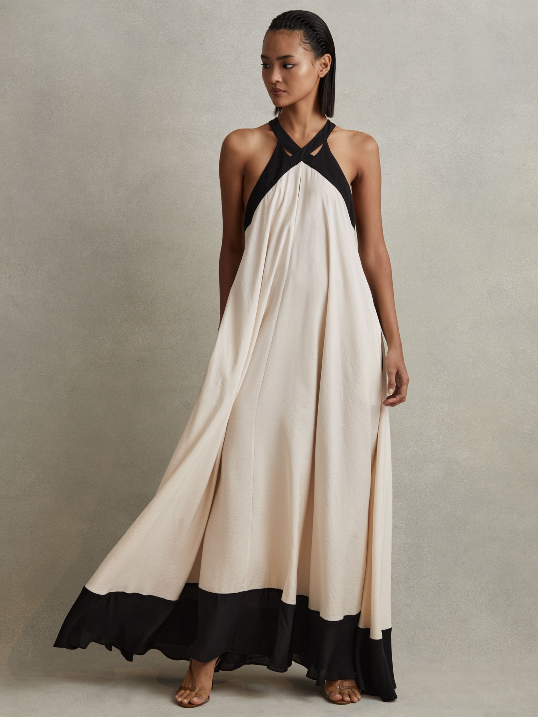 Reiss Aubree Relaxed Colour Block Maxi Dress, Neutral/Black