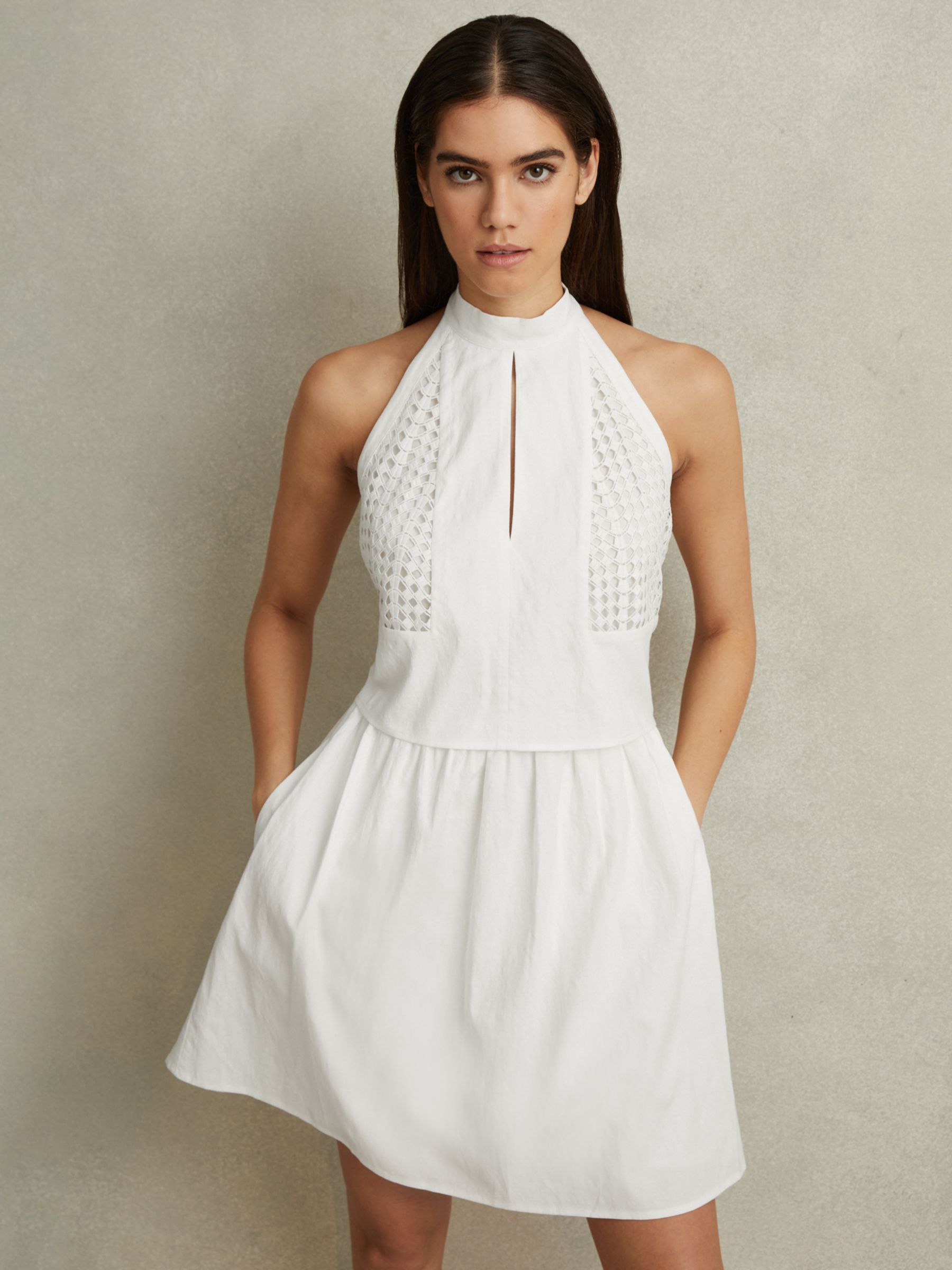 Reiss Eden Broderie Halter Neck Linen Blend Mini Dress, White, 6