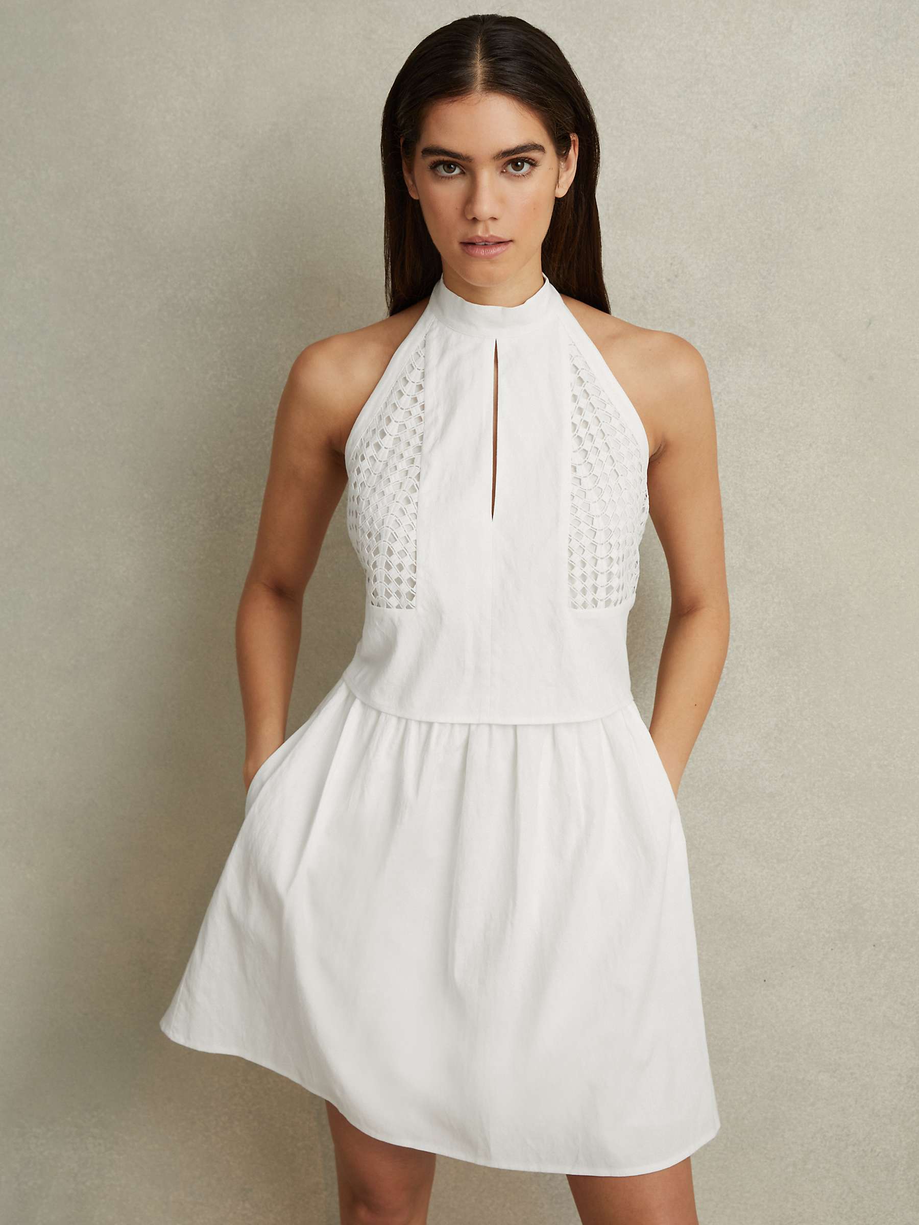 Buy Reiss Eden Broderie Halter Neck Linen Blend Mini Dress, White Online at johnlewis.com