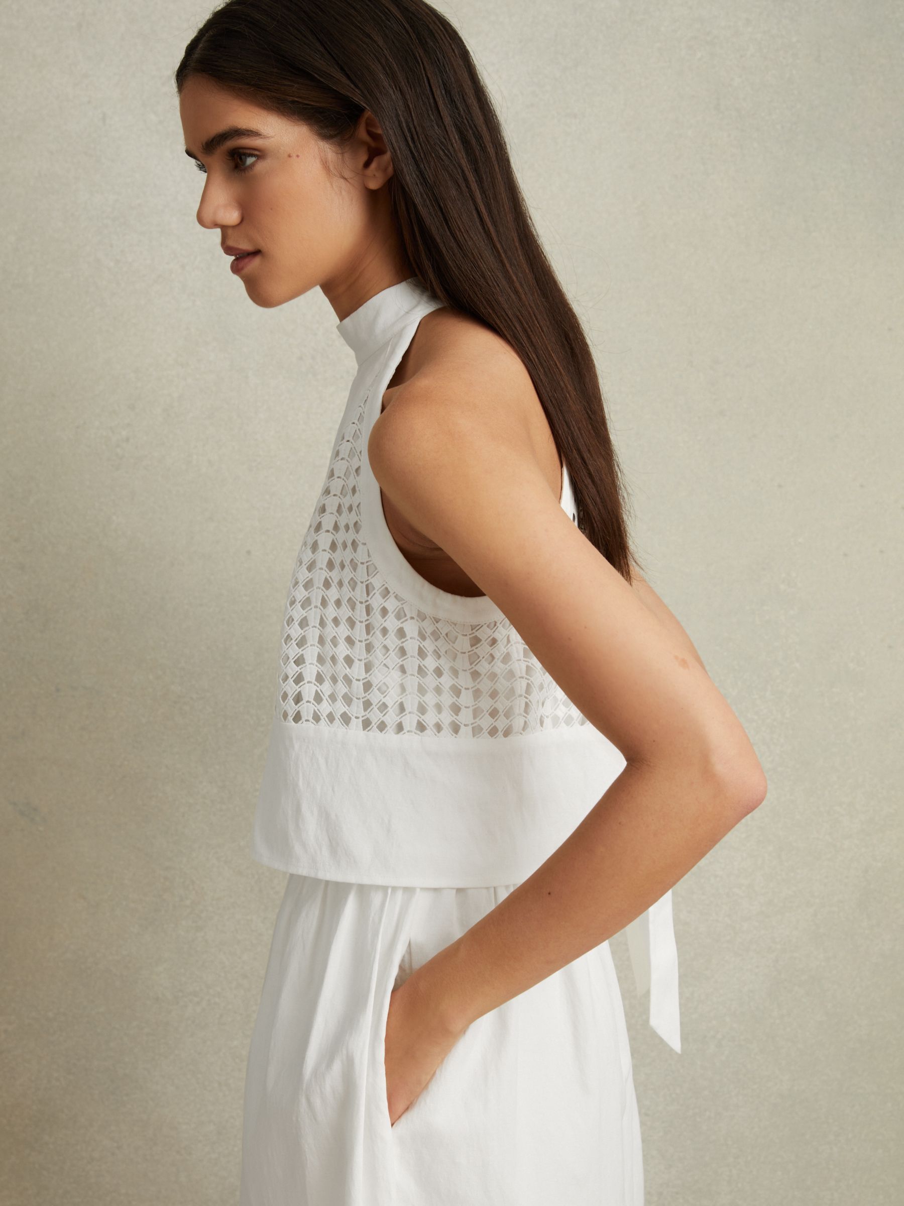 Reiss Eden Broderie Halter Neck Linen Blend Mini Dress, White, 6