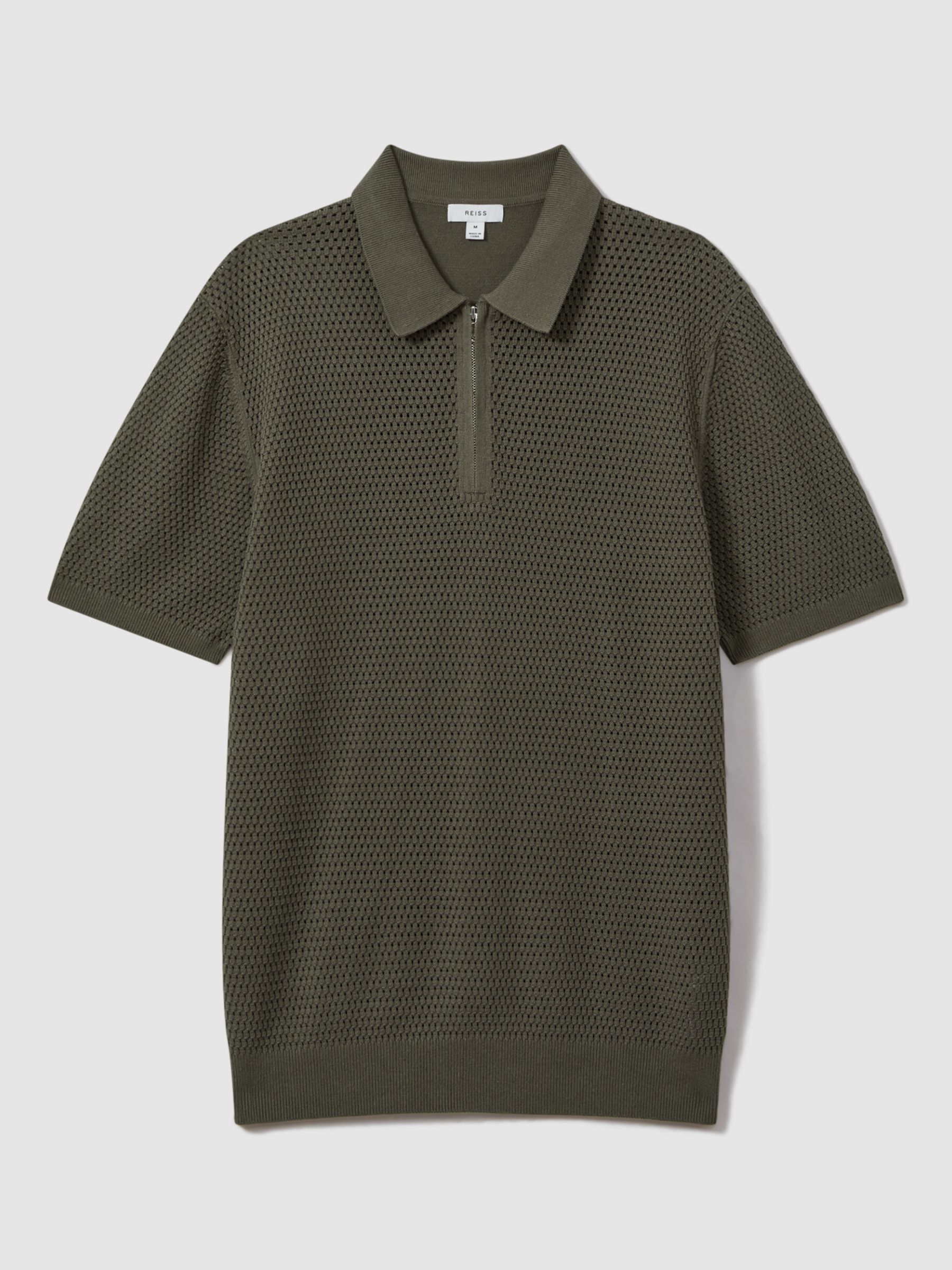 Reiss Burnham Textured Zip Neck Polo Shirt, Dark Sage, XL