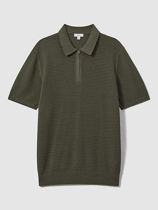Reiss Burnham Textured Zip Neck Polo Shirt, Dark Sage
