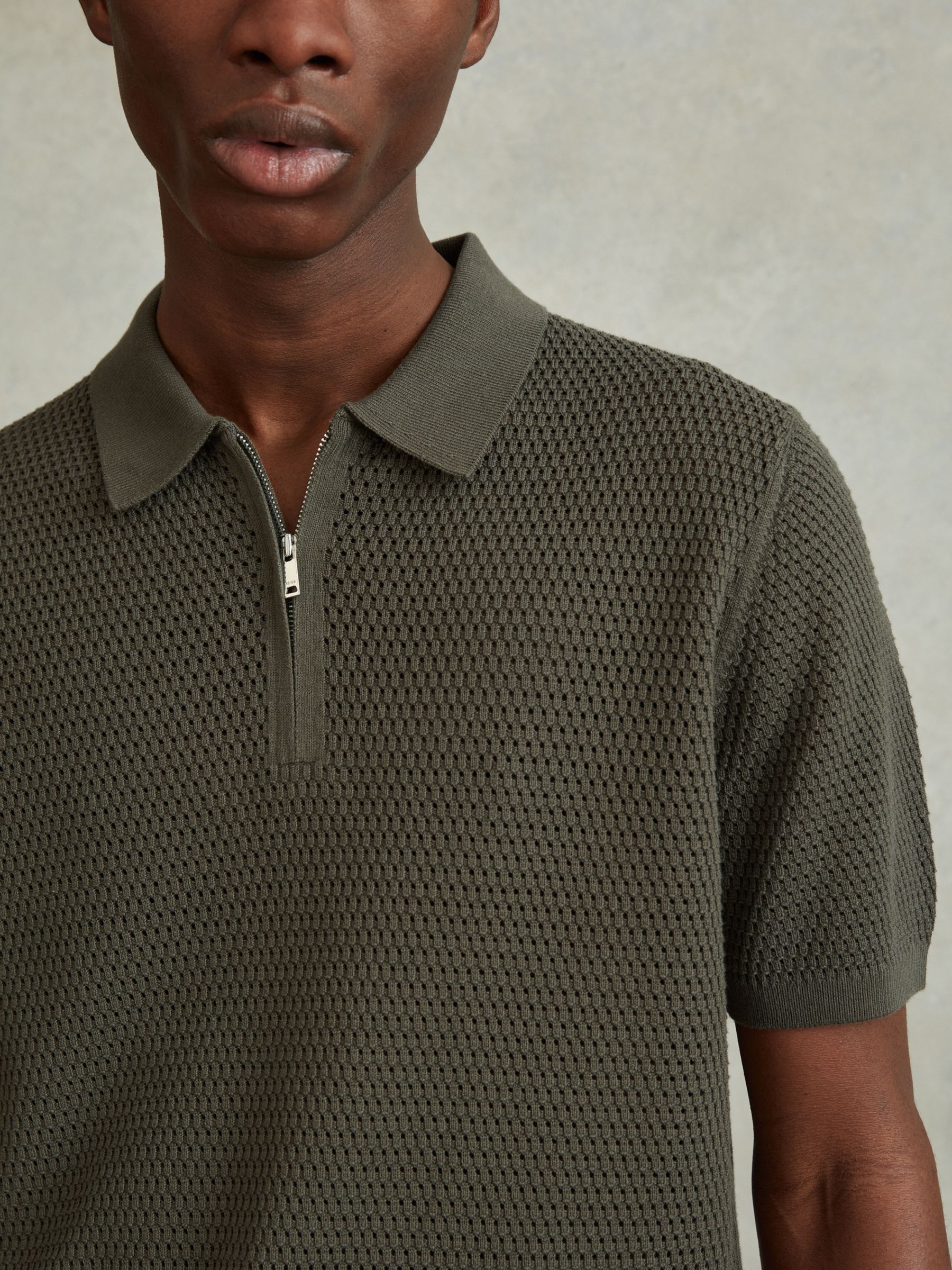 Reiss Burnham Textured Zip Neck Polo Shirt, Dark Sage, XL