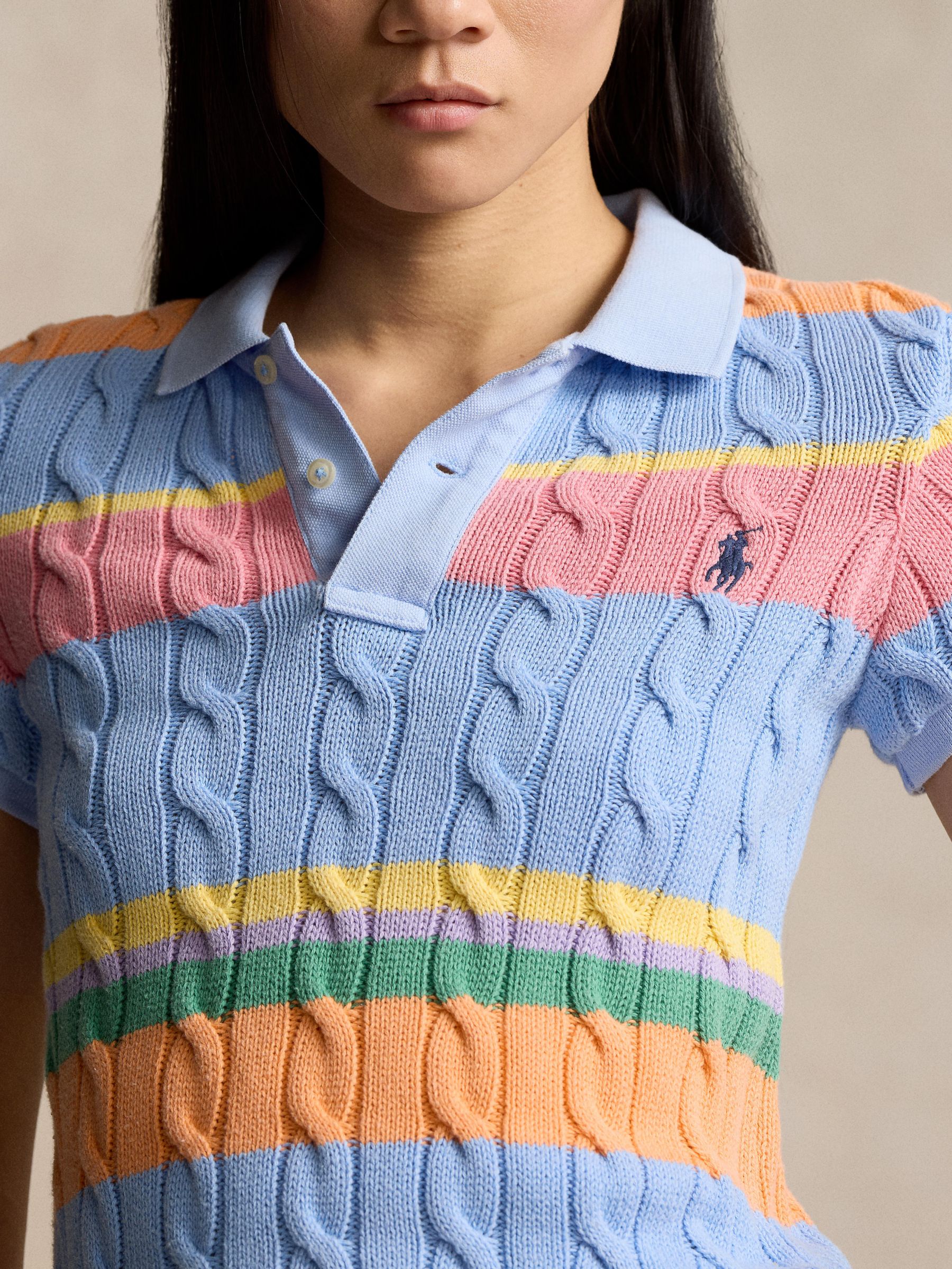 Buy Polo Ralph Lauren Stripe Cable Knit Short Sleeve Jumper, Light Blue/Multi Online at johnlewis.com