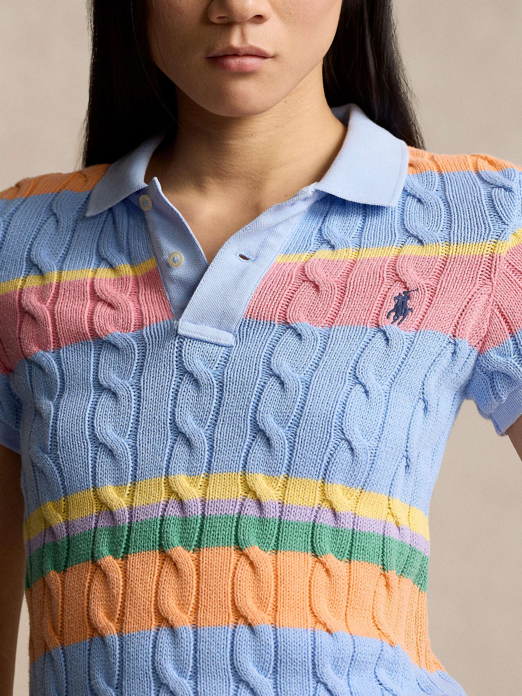 Buy Polo Ralph Lauren Stripe Cable Knit Short Sleeve Jumper, Light Blue/Multi Online at johnlewis.com