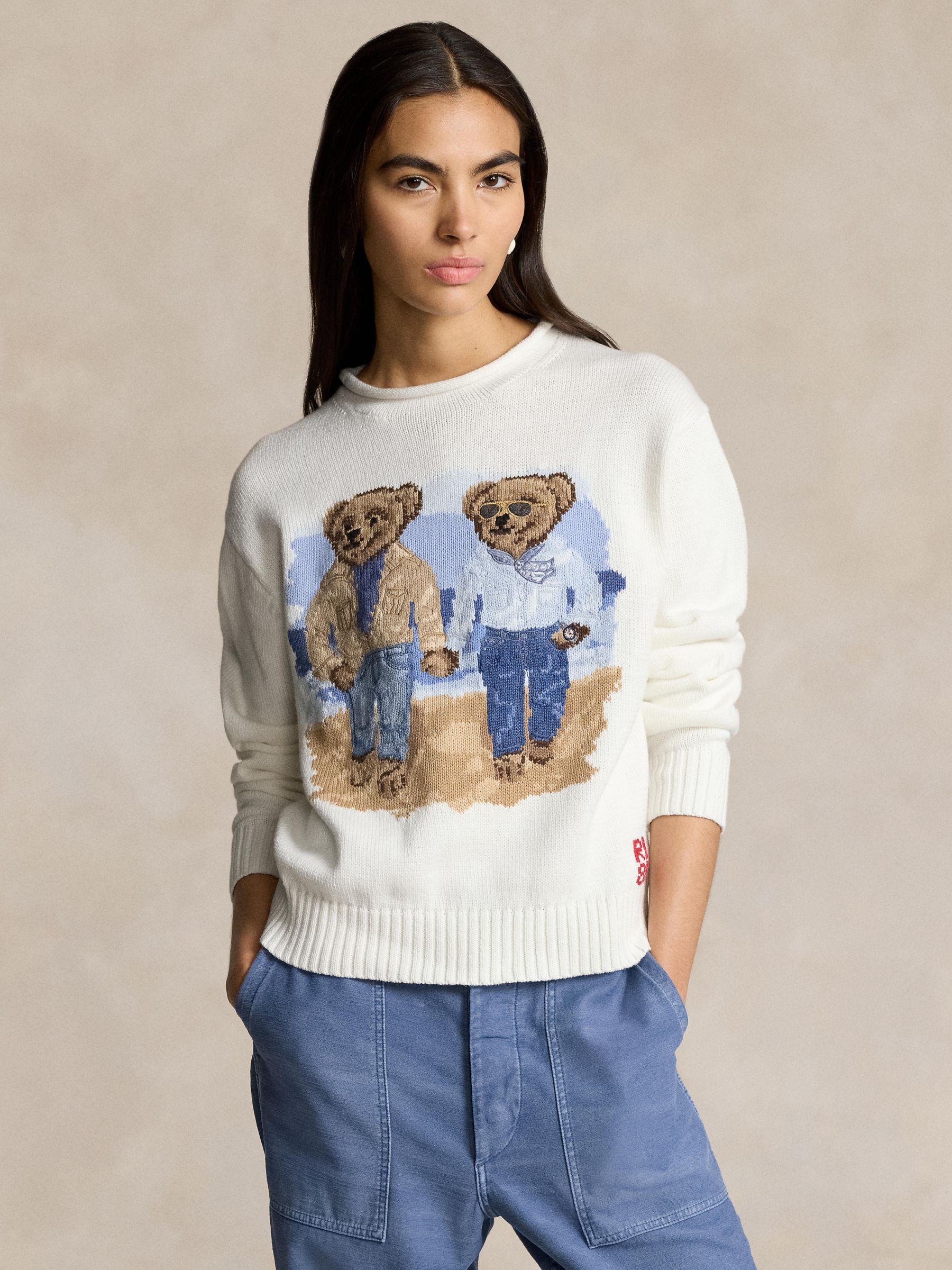 Buy Polo Ralph Lauren Embroidered Duo Bear Cotton Jumper, White Online at johnlewis.com