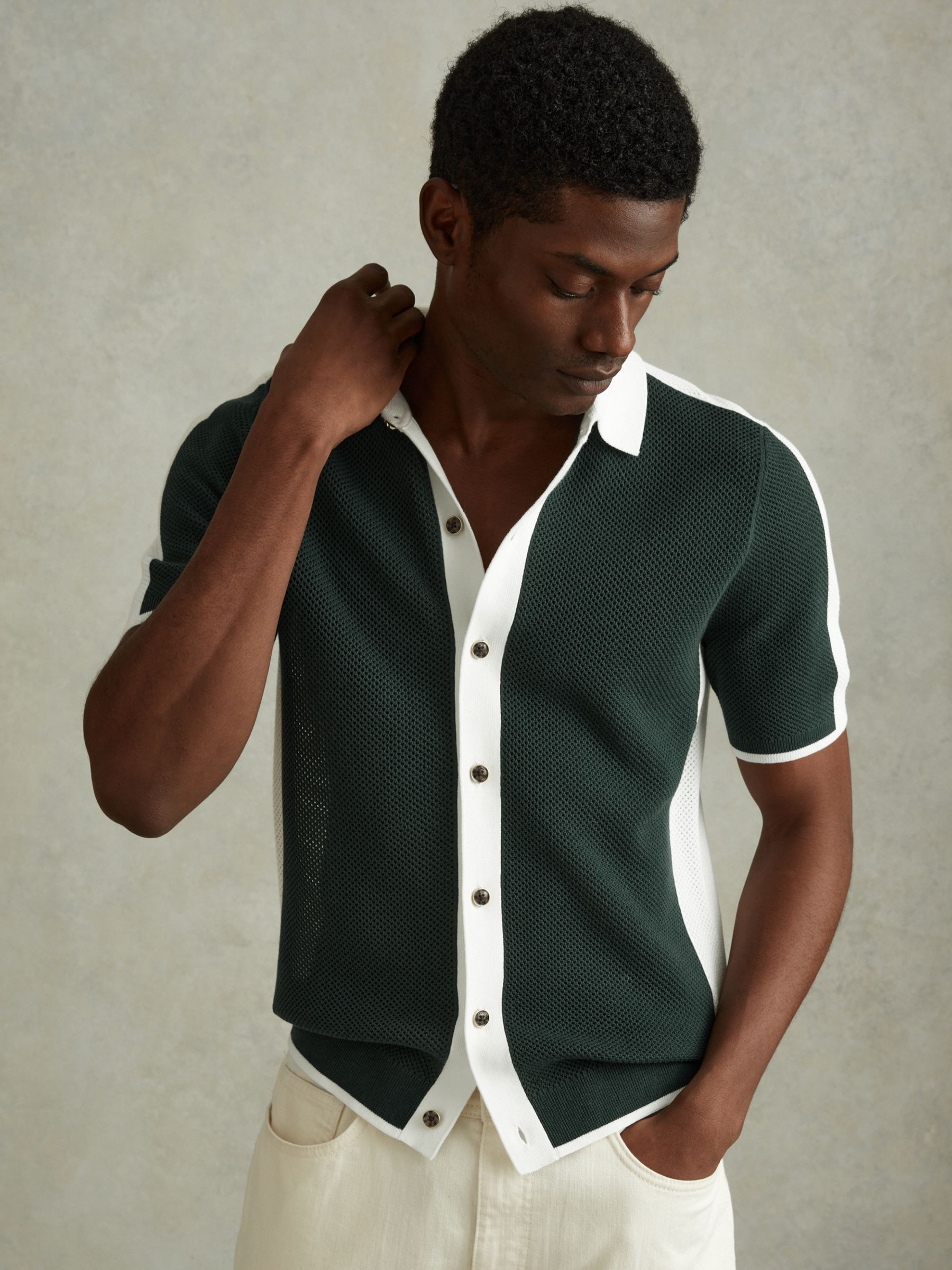 Reiss Misto Textured Colour Block Shirt, Green/Optic White, L
