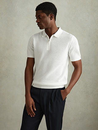 Reiss Burnham Textured Zip Neck Polo Shirt, Optic White