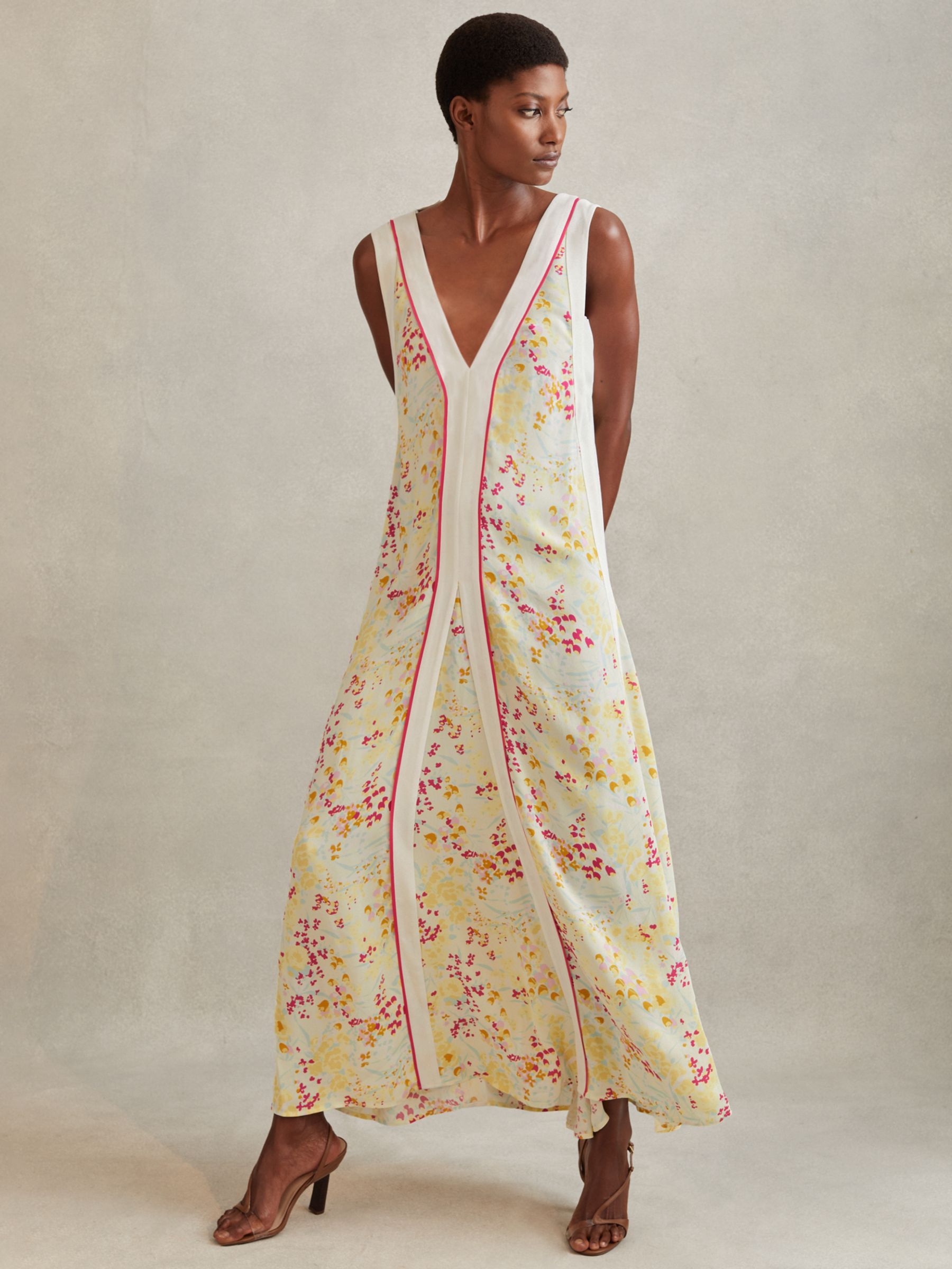 Reiss Eliza Floral Print Maxi Dress, Yellow/Multi, 6